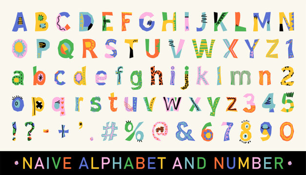 Playful hand drawn naive doodle alphabet font with cute cartoon style, bright colorful letters for Kids Design, Poster, Packaging and Creative Typography