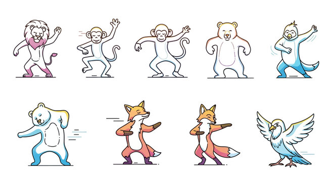 Dancing Animals Collection: Lion, Monkey, Bear, Fox, Bird - Fun Cartoon Characters