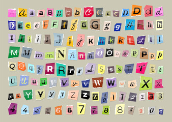 Cut out magazine alphabet collage font with torn paper edges, colorful letters and numbers in retro Y2K style, paper scrapbook typography set. Cartoon blackmail ransom kidnapper anonymous Font. © Pro_Vector
