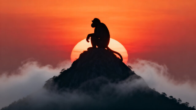 Silhouette of a contemplative monkey perched atop a misty mountain peak against a vibrant sunset, evoking a sense of peace and wilderness