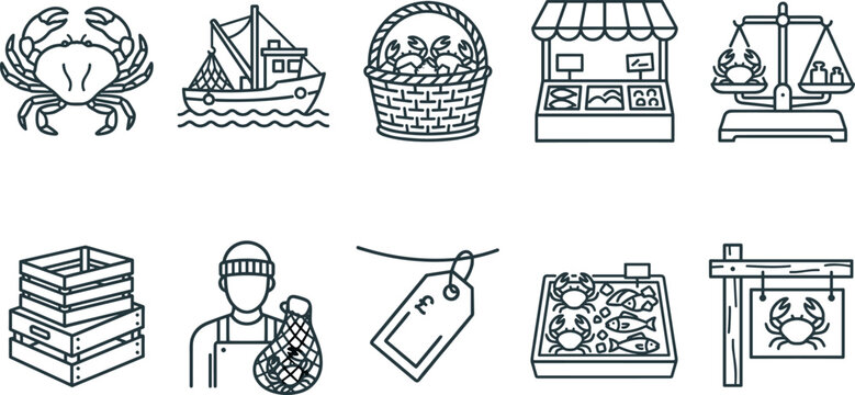 Seafood market and crab fishing outline icon set featuring trawler boat basket stall scales fisherman for restaurant grocery tourism minimal UI vector design.
