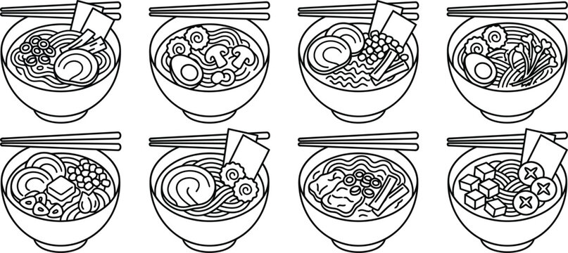 Japanese ramen noodle bowls vector illustration set showcasing various delicious and authentic asian culinary dishes with chopsticks.