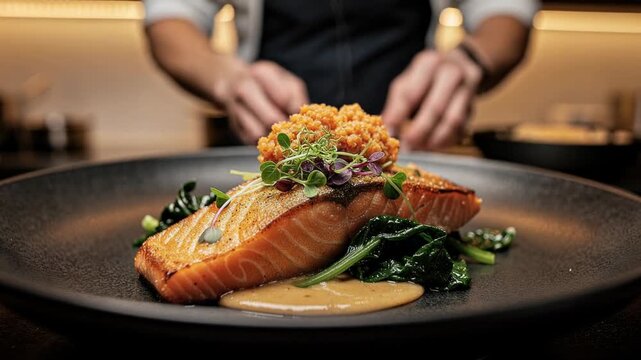 Delicious seared salmon fillet served with fresh greens and creamy sauce garnished by chef hands in fine dining