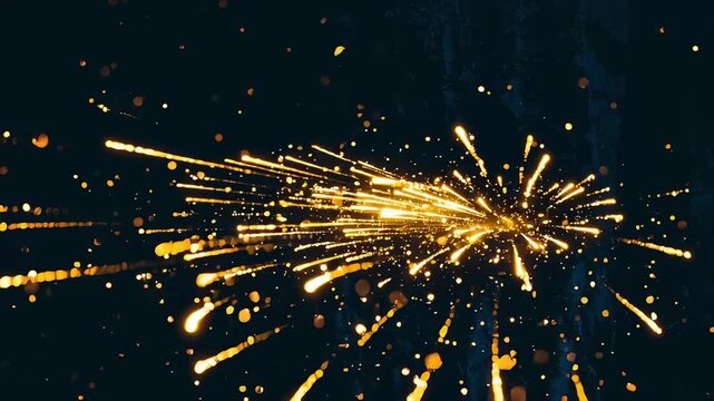 A dynamic sparks display unfolds against a pitch-black background, with vibrant golden sparks and their trails creating a breathtaking spectacle.