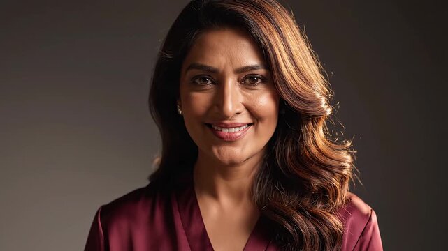 Portrait of a smiling woman with wavy hair perfect for vlog intros and personal care commercials