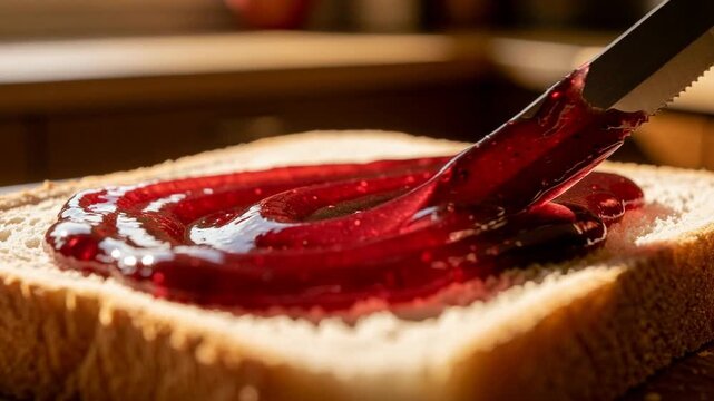 Close up of fresh bread with berry jam spread using a knife for breakfast or snack