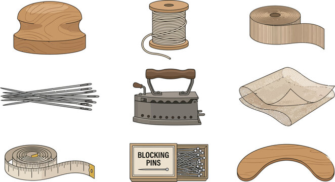 Flat lay vector illustration of traditional sewing equipment, a top view set showcasing vintage crafting tools in a flat design style