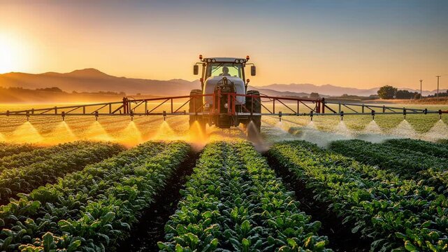 Tractor spraying crops with pesticides on a farm field during golden sunset with mountains in background