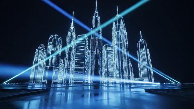 Futuristic city skyline with glowing lines ideal for sleek commercial backgrounds and title sequences