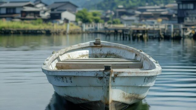 Weathered wooden rowboat resting on calm water with small houses in background
