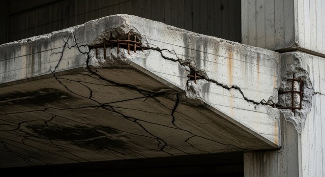 Close-up of severely cracked concrete structure with exposed rusted rebar and structural damage