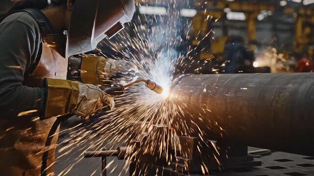 Person welding metal with sparks emphasizing manufacturing strength and precision engineering