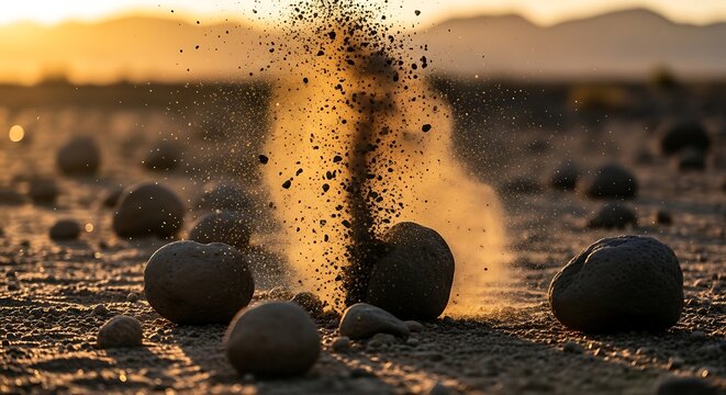 Desert Scene Showing Exploding Rock Amidst Scattered Boulders During Sunset