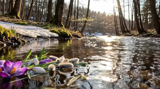 Vibrant purple and white crocuses floating on a serene stream surrounded by trees and melting snow in early spring