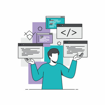 Software Developer Managing Code Windows Flat Vector Illustration