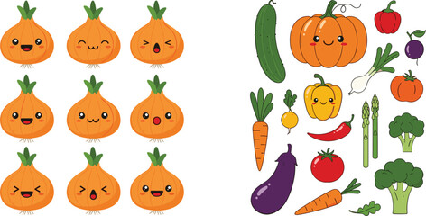 Fototapeta premium Cute Kawaii Vegetable Character Set with Onion Pumpkin Carrot Eggplant Broccoli and Tomato Emoji Face Vector Illustration
