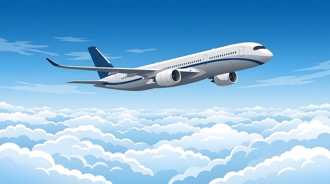 Airplane flies through blue sky with white clouds on sunny day flying high