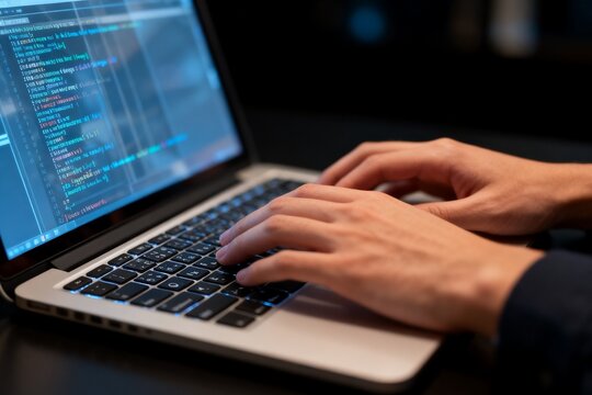 Hands typing on laptop keyboard with code