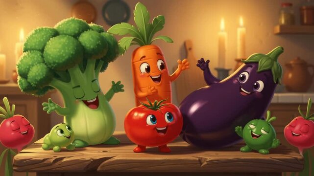 Happy cartoon vegetables with smiling faces including broccoli carrot tomato and eggplant in cozy kitchen setting
