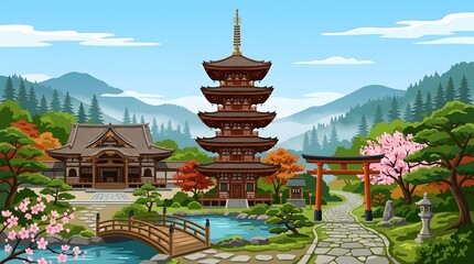 Obraz premium A serene Japanese temple complex features a pagoda, bridge, and torii gate amidst blooming cherry blossoms and lush greenery in a mountainous landscape.