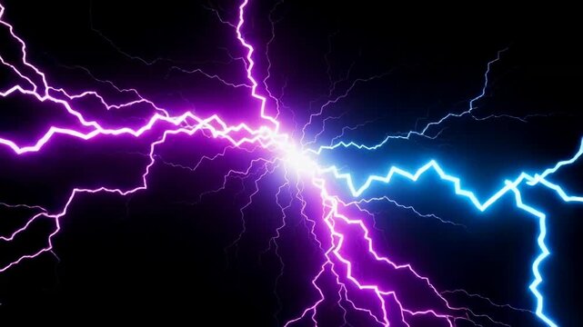 Bright electric lightning bolts in purple and blue energy spark on a dark background for power and technology concept