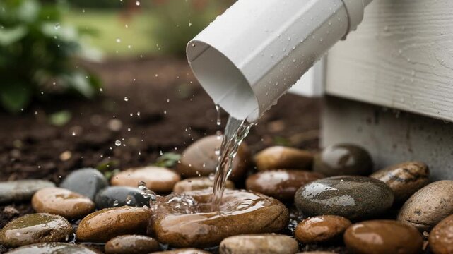 Close up of water flowing from white gutter into wet smooth garden stones with natural soil background