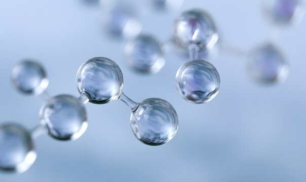 Abstract scientific visualization of water molecules forming a chemical structure with clear spheres.