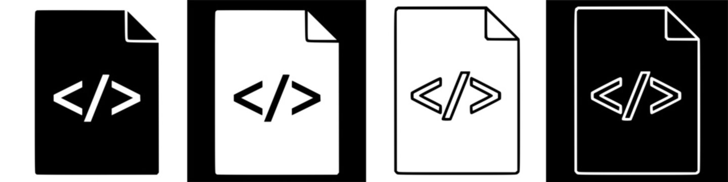 Programming Code File Icons Set for Web Development White Outlines and Solid Shapes on Black
