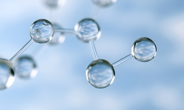 Abstract scientific visualization of water molecules forming a chemical structure with clear spheres.