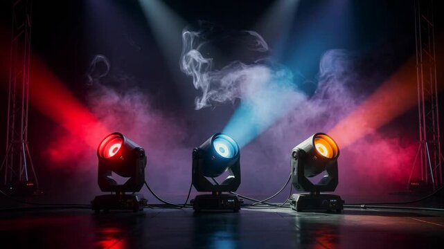 Colorful stage lighting with red blue and orange spotlights shining through smoke in dark concert setting