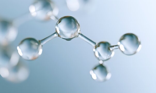 Abstract scientific visualization of water molecules forming a chemical structure with clear spheres.
