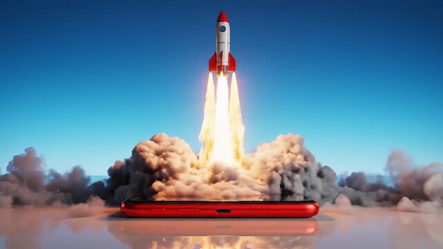 Rocket launching from smartphone perfect for IT presentations and tech marketing