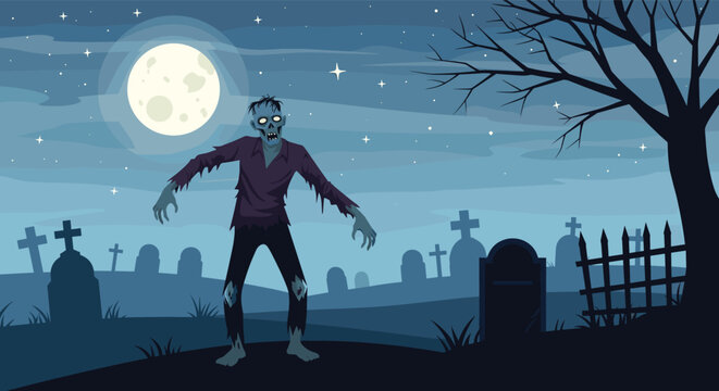 Spooky zombie walks through a dark cemetery during a full moon with glowing stars and old gravestones in the background.