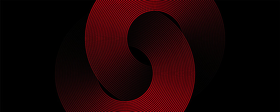 3D red black dynamic techno background on dark space. Tech banner with rotating circles style decoration. Modern graphic design element. Motion lines concept