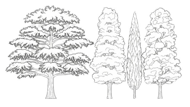 2D AutoCAD drawings of four different trees in a landscape