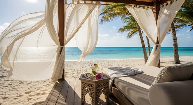 Beachfront relaxation scene with canopy bed and ocean view under sunlight
