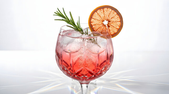 Elegant pink gin and tonic in a crystal glass garnished with rosemary and dried orange slice with rainbow light refractions.