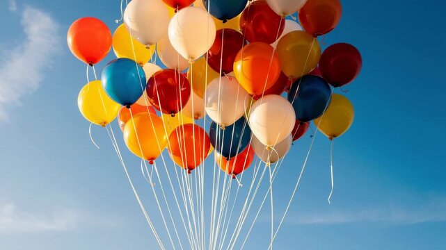 Colorful helium balloons floating in the bright blue sky for celebrations and parties