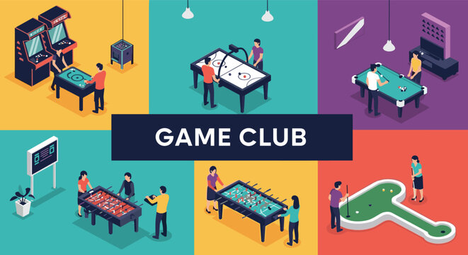 Large isometric illustration of a game club featuring people playing pool, foosball, air hockey, and arcade games.