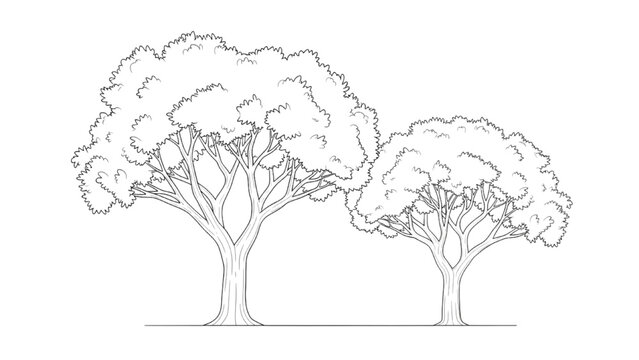 2D AutoCAD drawing of two trees in a landscape setting with foliage and trunks
