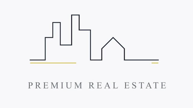 Minimalist line art city skyline with a house representing premium real estate and property development ideal for modern business logos and branding