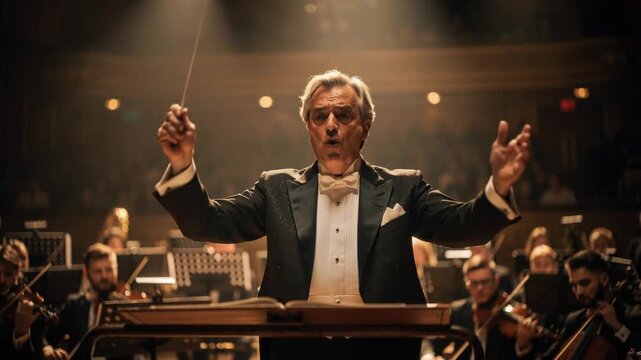 Symphony orchestra conductor passionately leading musicians in a grand concert hall performance