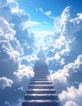 A serene staircase ascends through fluffy white clouds towards a bright blue sky