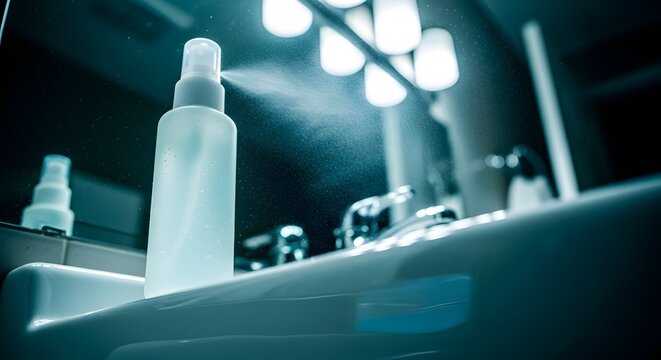 Cosmetic spray dispensed into clean bathroom sink
