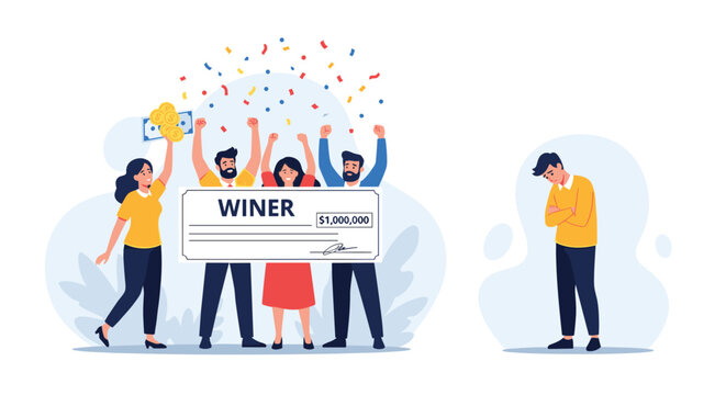 Group of excited lottery winners celebrates with a giant million dollar check while one disappointed person looks on with sadness.