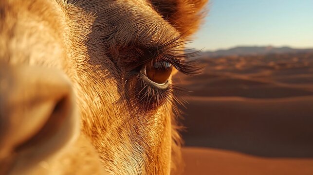 Extreme macro close-up of camel's eye with long eyelashes in desert sun