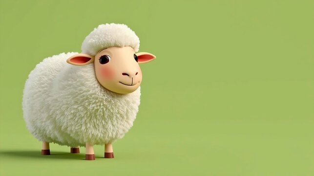 3D stylized cute sheep with fluffy wool texture on sage green background