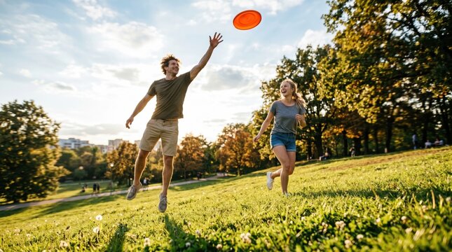 Man and woman playing with flying disc in sunny park. Couple having fun outdoors on summer day. Active leisure activity, recreational sports, relationship bonding and happy lifestyle.