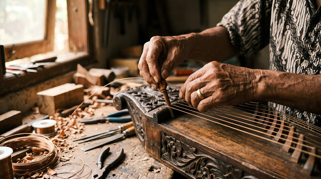 Master Craftsman Hands Stringing a Kecapi Sunda Zither with Precision and Detail