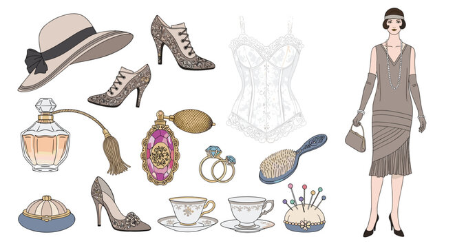 Elegant collection of 1920s flapper style fashion including a fringe dress, corset, pearls, perfume, and heels.